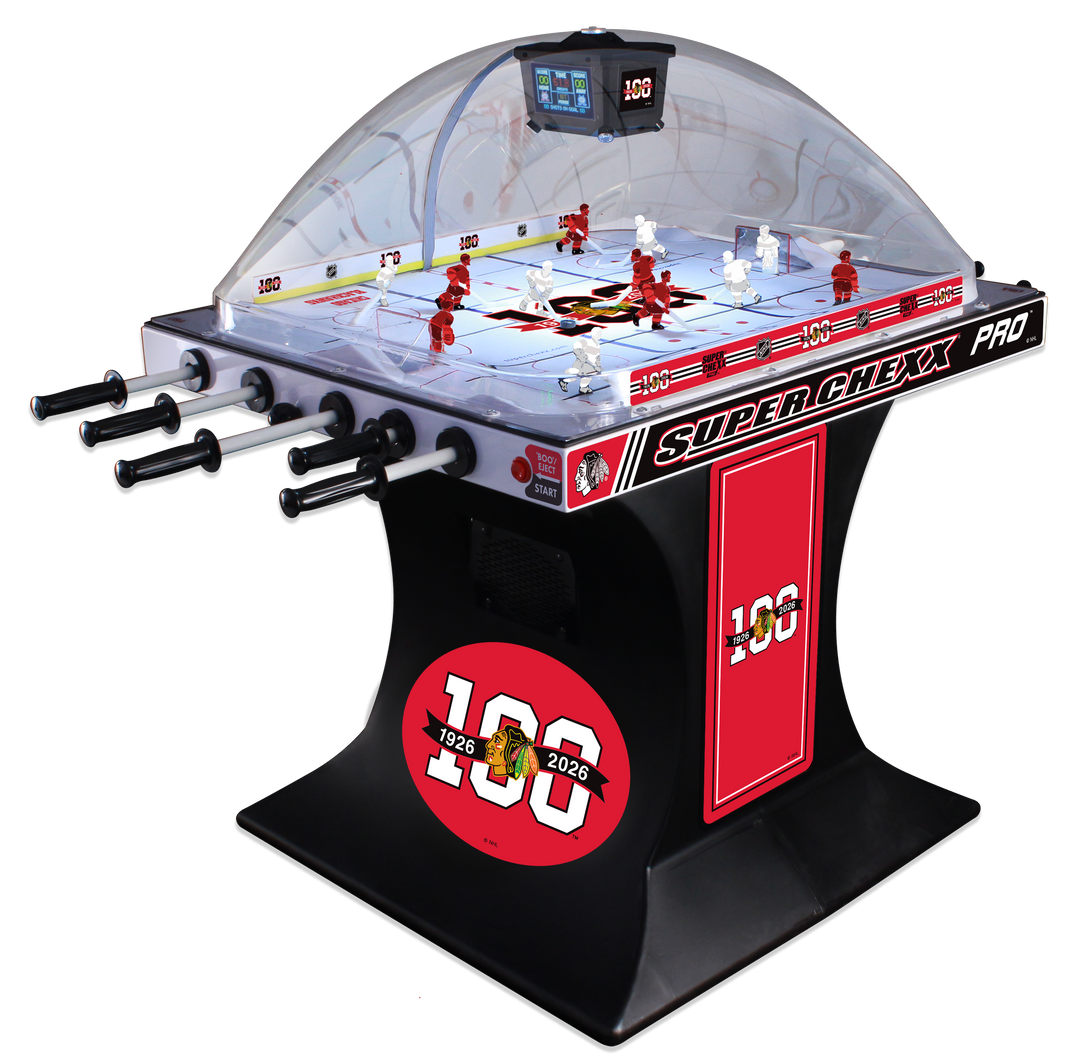 100-year Anniversary Chicago Blackhawks NHL Super Chexx Pro Bubble Hockey - For pricing information please contact ABT Electronics 847-544-2866 Arcade Innovative Concepts in Entertainment